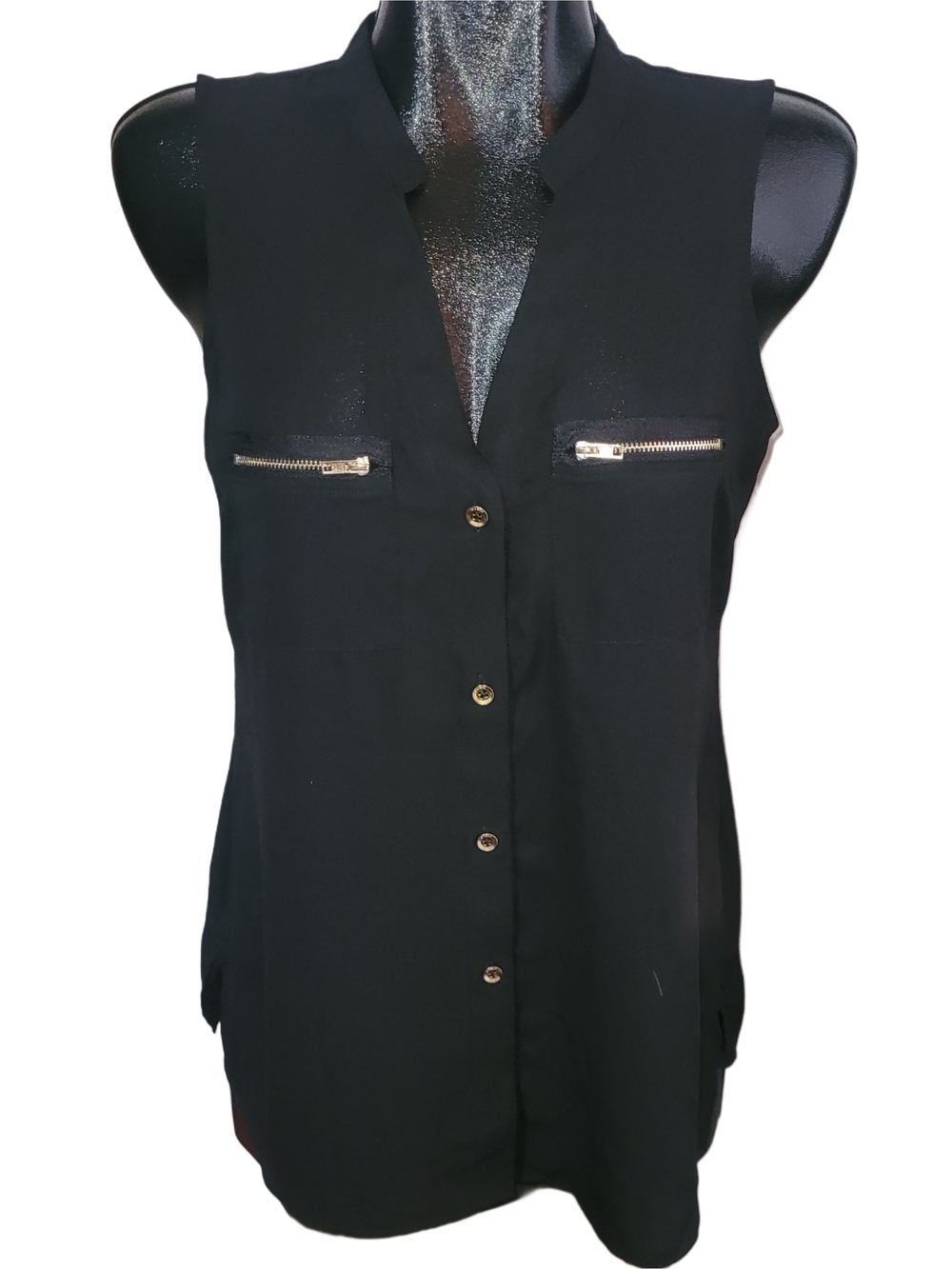 Guess Women’s Black Sleeveless Button-Front Top with Zip Pockets Size M